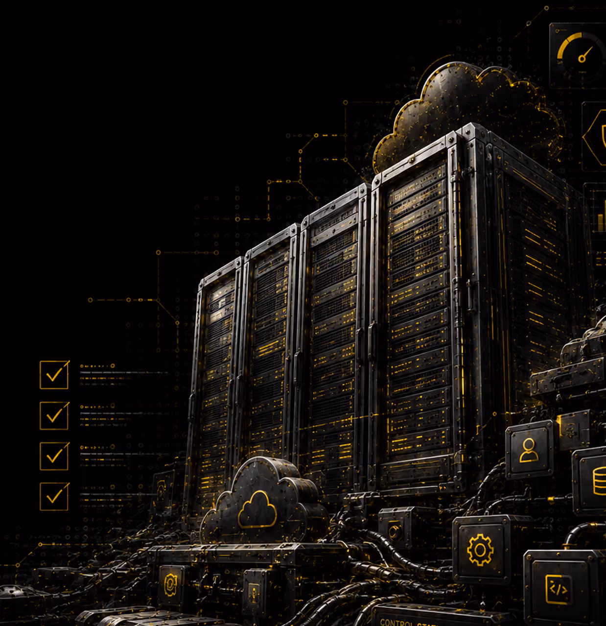 Dark, futuristic server racks with glowing yellow details connected by cables to various icons symbolizing cloud storage, user, settings, and code, set against a black background.