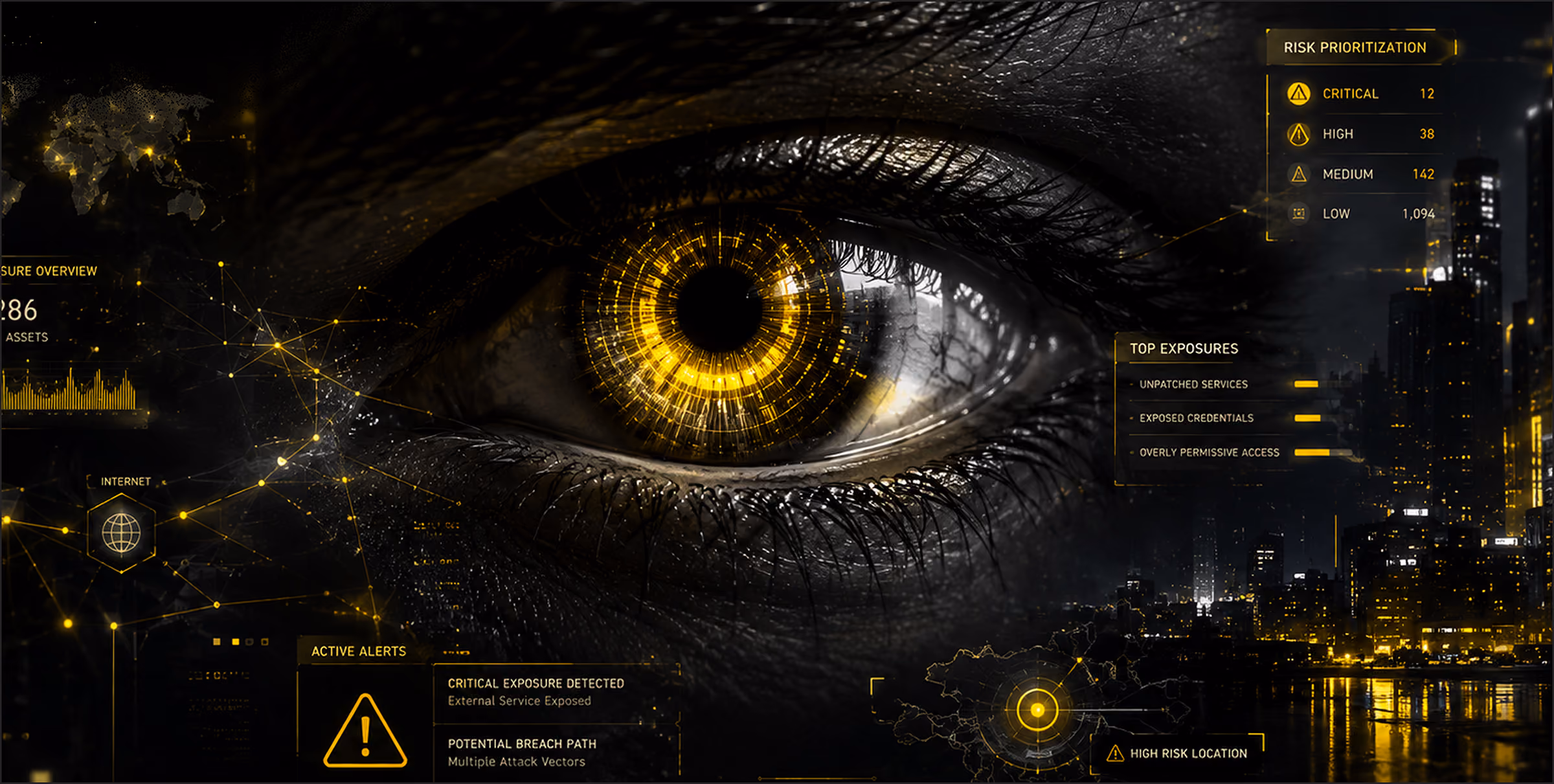 Close-up of a human eye with a futuristic digital interface overlay showing cybersecurity data such as risk prioritization, active alerts, top exposures, internet connectivity, and a high risk location map, all in yellow highlights against a dark cityscape background.