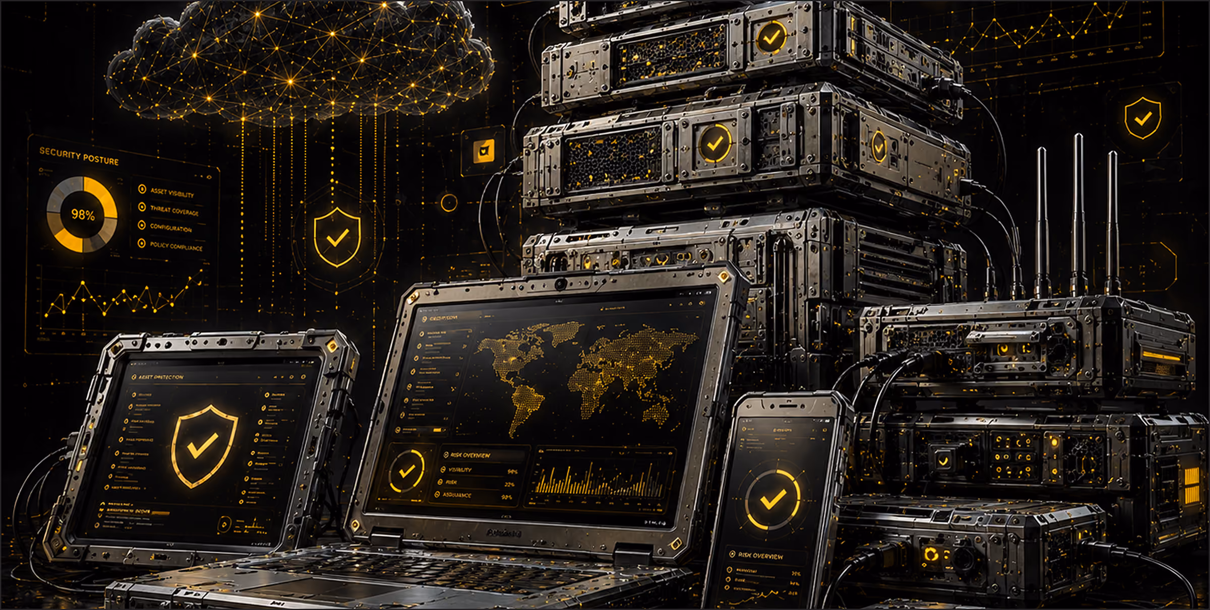 Futuristic black and gold cyber security setup featuring rugged laptops, tablet, smartphone, and stacked server units with digital shields, check marks, world map, and security metrics on screens and holograms.