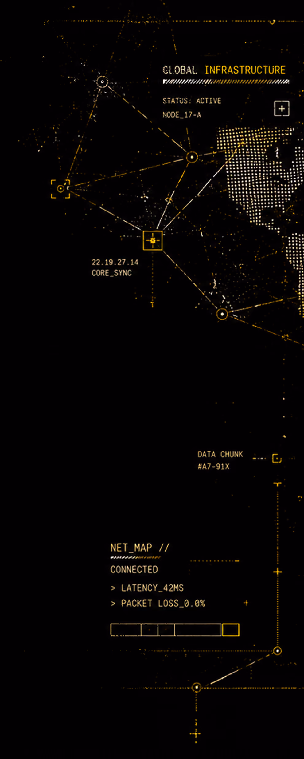 Digital network map interface showing global infrastructure with connected nodes, signals, and status indicators including latency of 42 milliseconds and zero percent packet loss.
