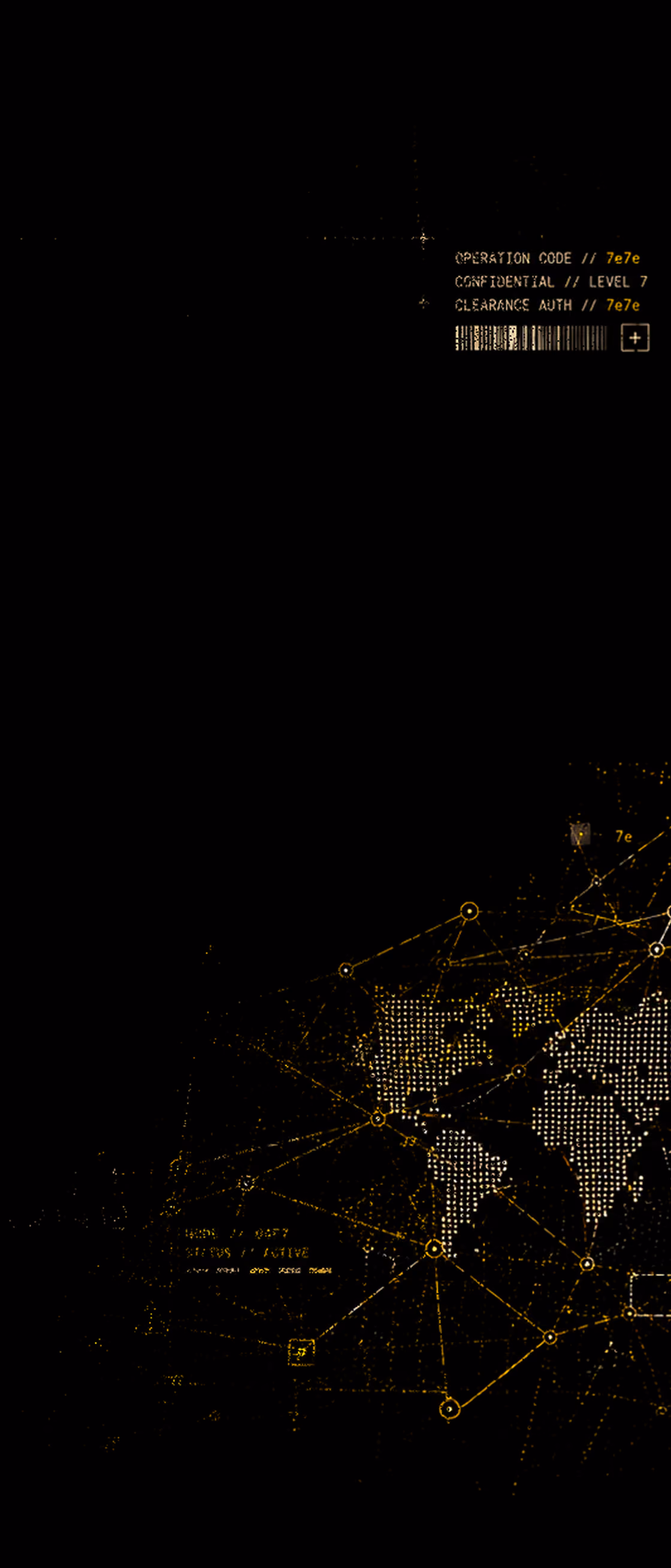 Digital dark-themed interface showing a stylized dotted world map connected by yellow lines and dots, with text indicating operation code 7e7e, confidential level 7, and clearance auth 7e7e, alongside a barcode and interface elements.