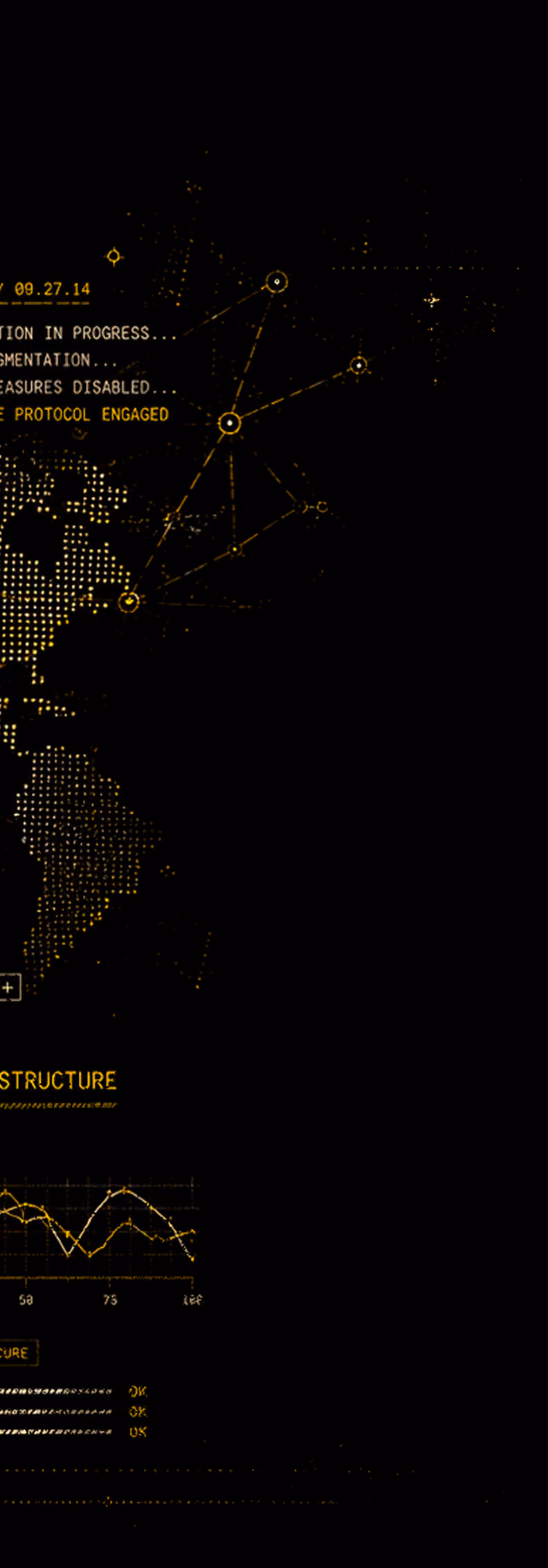 Futuristic digital map of the Americas with a network of connected nodes and yellow lines, displaying text including 'Operation in progress,' 'Segmentation,' 'Measures disabled,' and 'The protocol engaged,' along with a line graph labeled 'Structure' and status indicators marked OK, all in yellow on a black background.