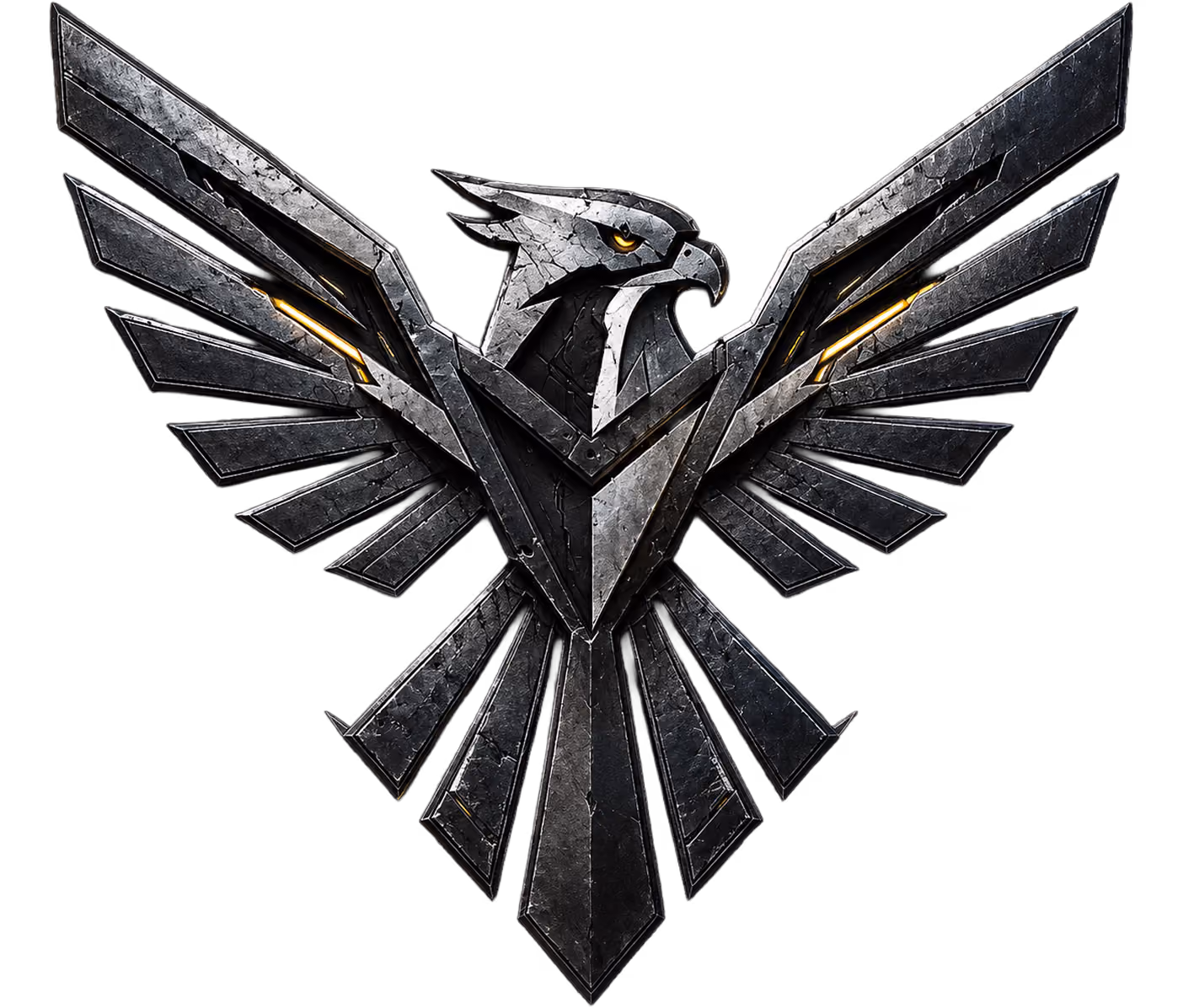 Stylized dark metallic hawk emblem with outstretched geometric wings and a sharp beak, featuring subtle gold accents near the wings.