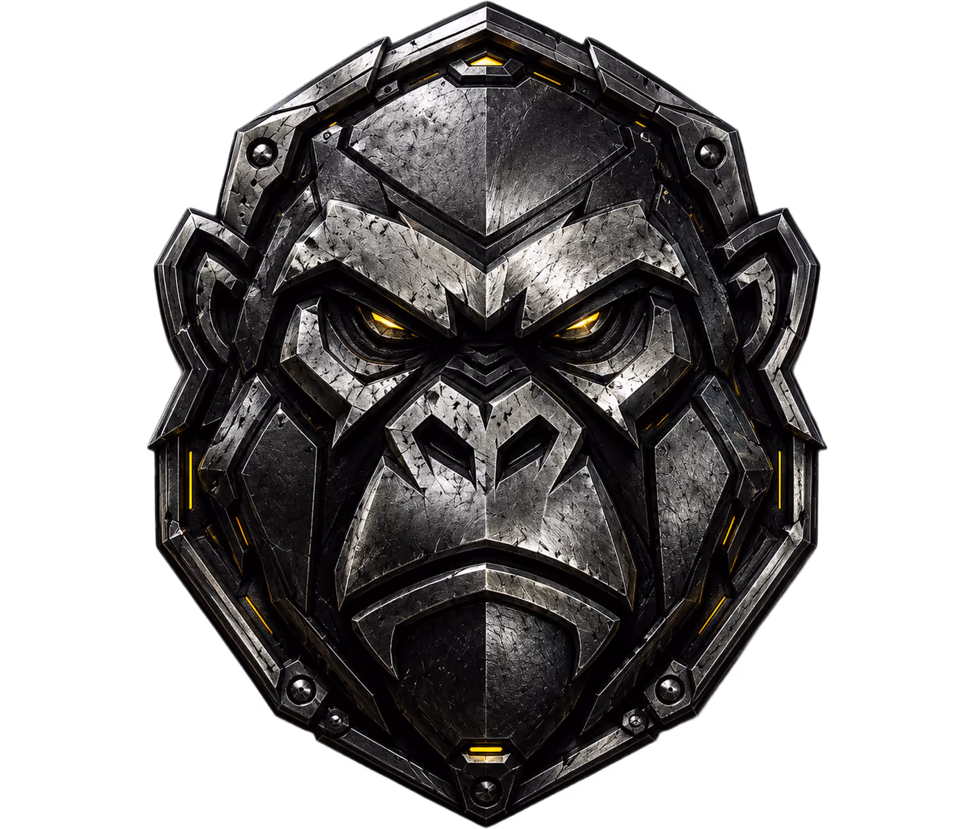 Stylized metallic gorilla head with glowing yellow eyes and angular geometric features on a black background.
