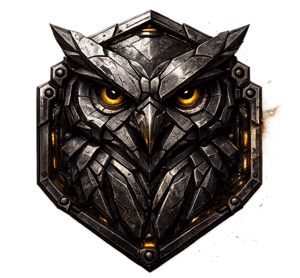 Metallic robotic owl face with glowing yellow eyes set in a hexagonal frame.
