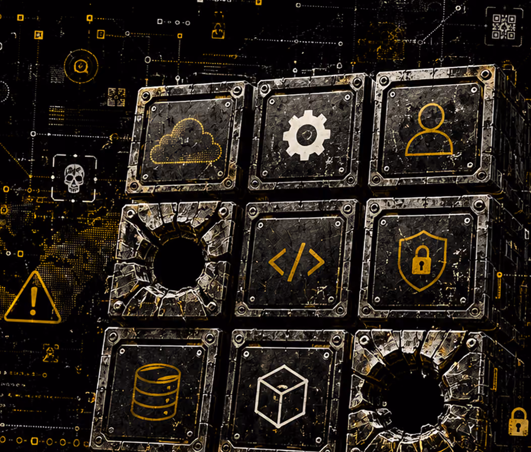 Three-dimensional metallic blocks with digital icons such as cloud, gear, user, code brackets, shield with lock, database, and cube, with two blocks showing large bullet holes, set against a dark digital background with warning symbols and a skull symbol.