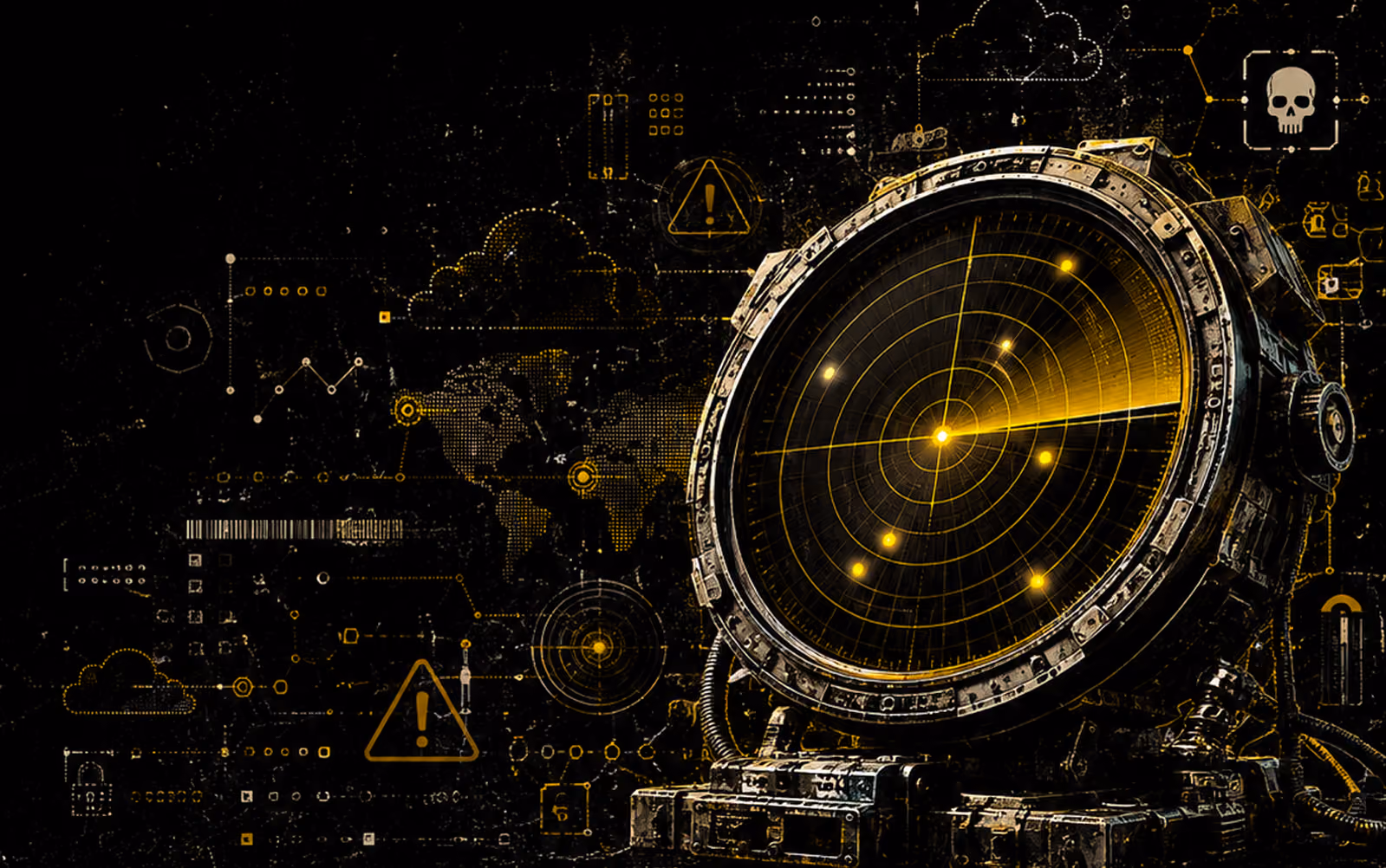 Close-up of a vintage radar screen scanning with yellow glowing dots against a dark background with digital security icons and a world map overlay.