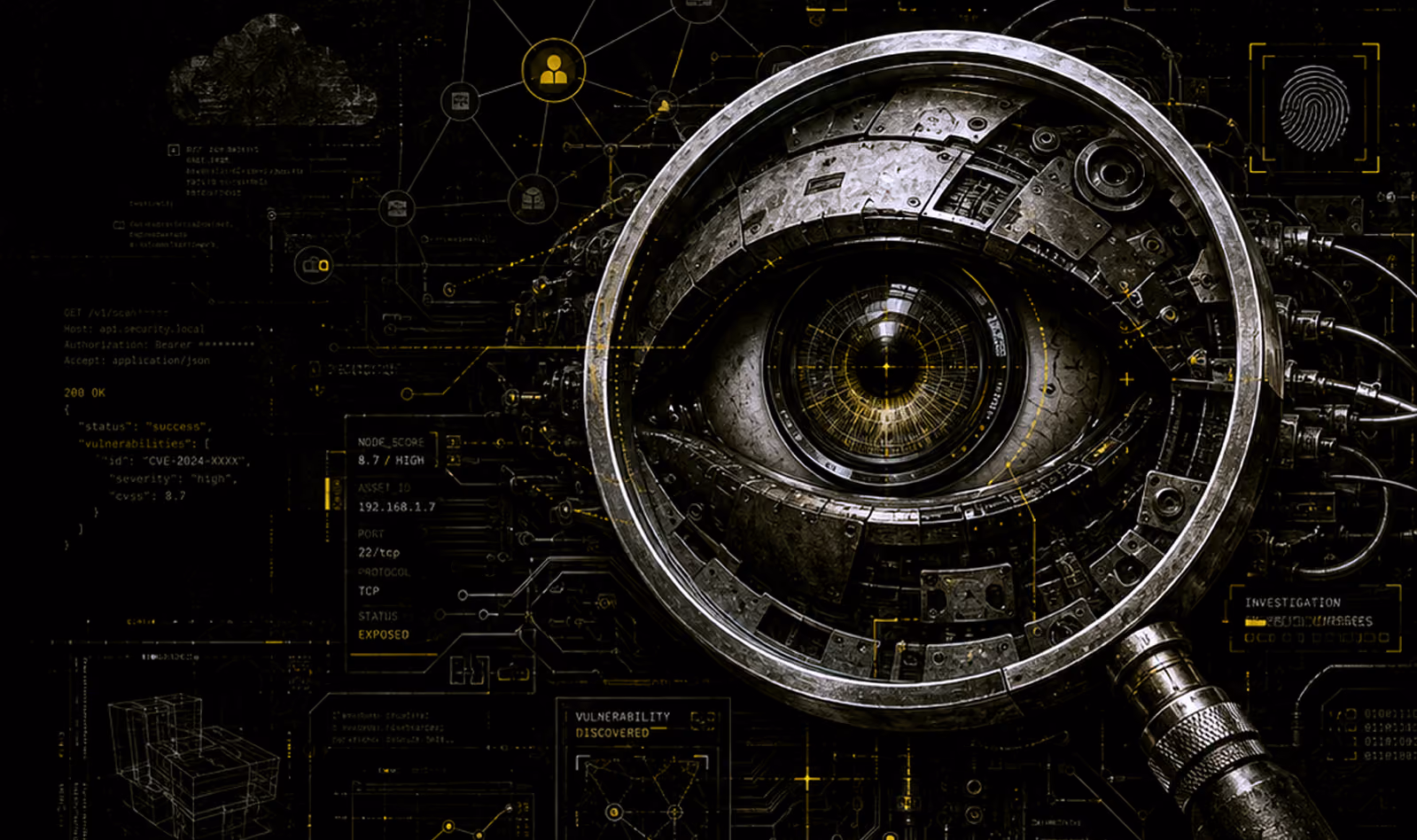 Close-up of a mechanical, futuristic eye viewed through a magnifying glass, surrounded by digital interface elements including fingerprint, user icons, network data, and vulnerability reports against a dark background.