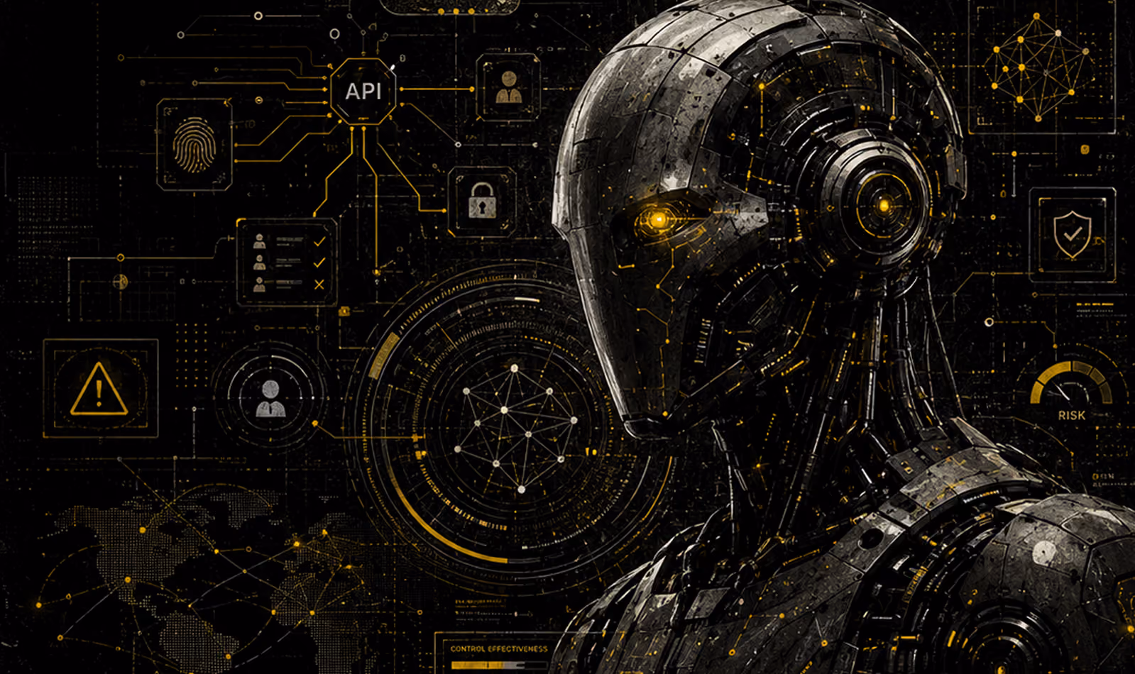 Dark metallic humanoid robot with glowing yellow eye surrounded by futuristic digital interface elements including a fingerprint, lock, user icons, network nodes, and risk meter, suggesting AI and cybersecurity themes.