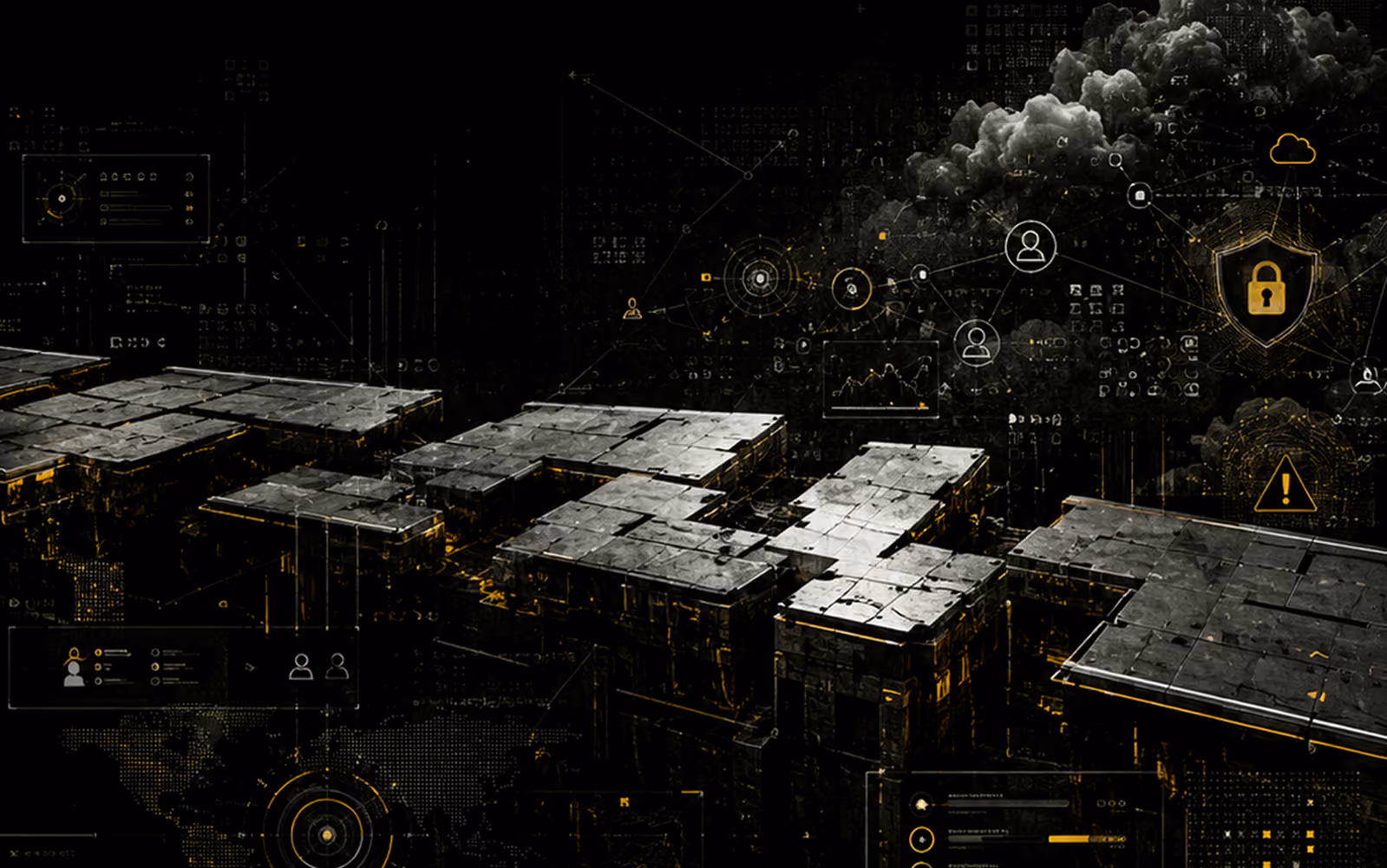 Futuristic dark metallic blocks arranged in a 3D abstract structure with glowing yellow edges, overlaid with digital icons representing user profiles, security locks, cloud, alerts, and data charts, symbolizing cybersecurity and data protection.