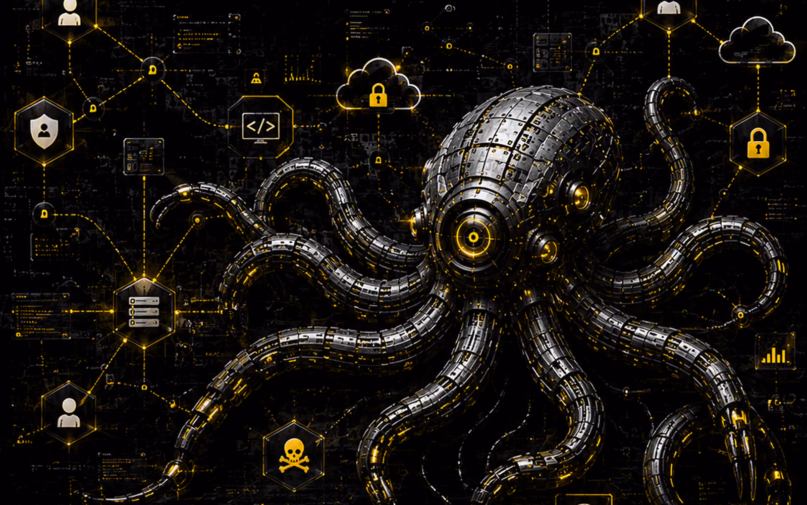 A futuristic mechanical octopus with segmented metallic tentacles connected by glowing yellow lines to cybersecurity icons including locks, user profiles, a skull and crossbones, cloud storage, code, and data charts, symbolizing a network attack or cyber threat path.