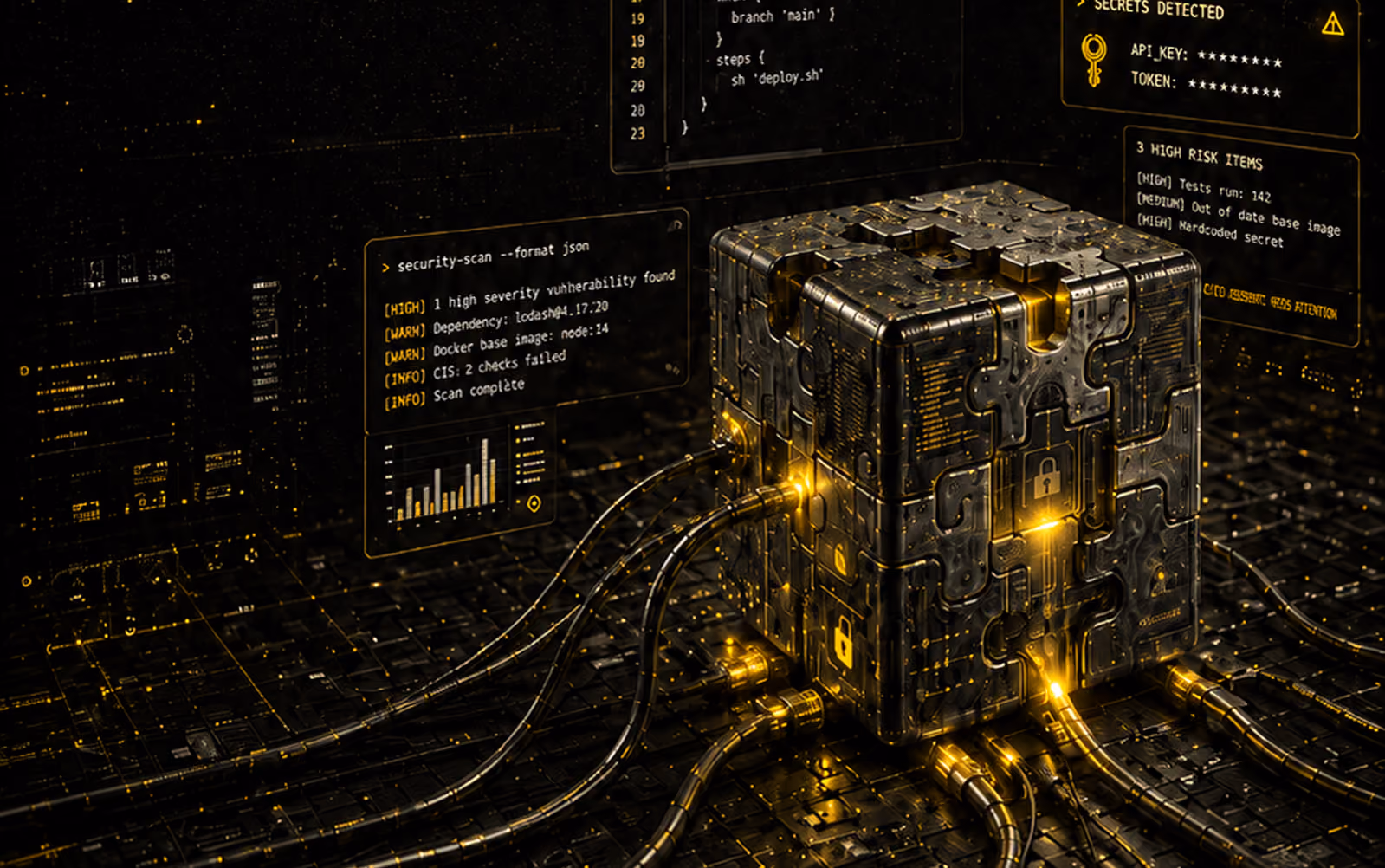 A futuristic metallic cube connected by multiple glowing yellow cables, surrounded by digital security scan reports highlighting high severity vulnerability, warnings, and detected secrets with icons of locks and keys on a dark digital background.