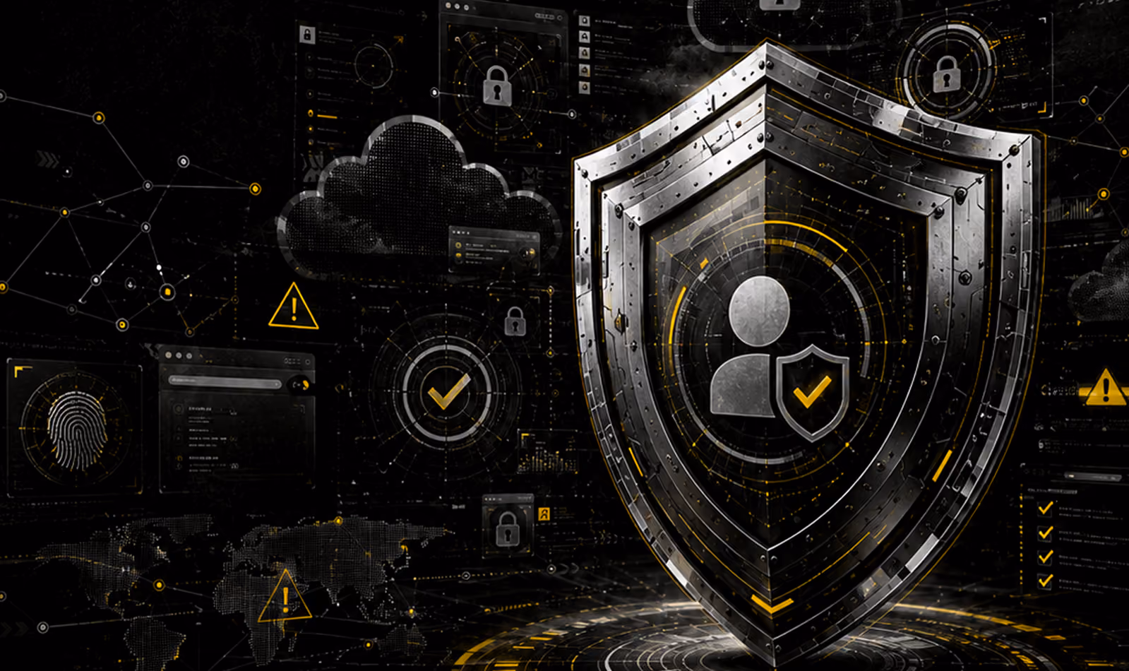 Metallic shield with a user icon and checkmark symbolizing cybersecurity and data protection, surrounded by digital icons like fingerprint, cloud, locks, warning signs, and a world map in a dark, tech-themed background.