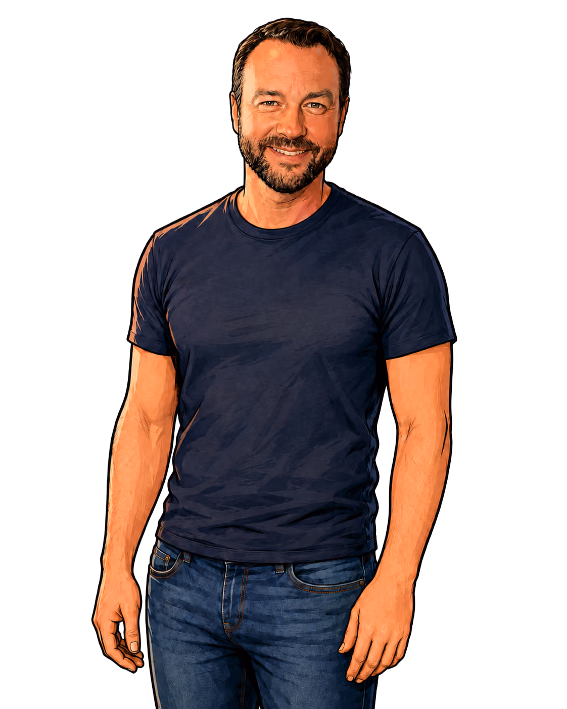 Man with short dark hair and beard smiling, wearing a navy blue t-shirt and blue jeans, standing facing forward with hands relaxed by his sides.