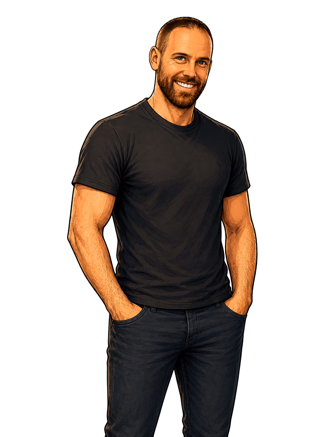 Smiling muscular man with short hair and beard wearing a fitted black t-shirt and dark jeans, standing with hands in pockets.