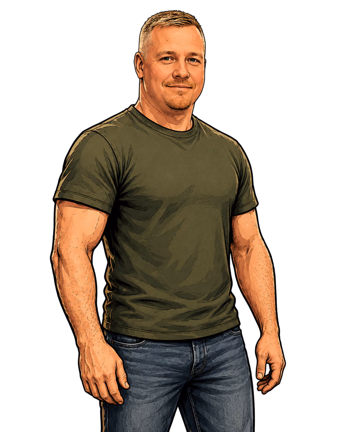 Illustration of a muscular man with short blond hair, wearing an olive green t-shirt and blue jeans, standing and facing forward with a slight smile.