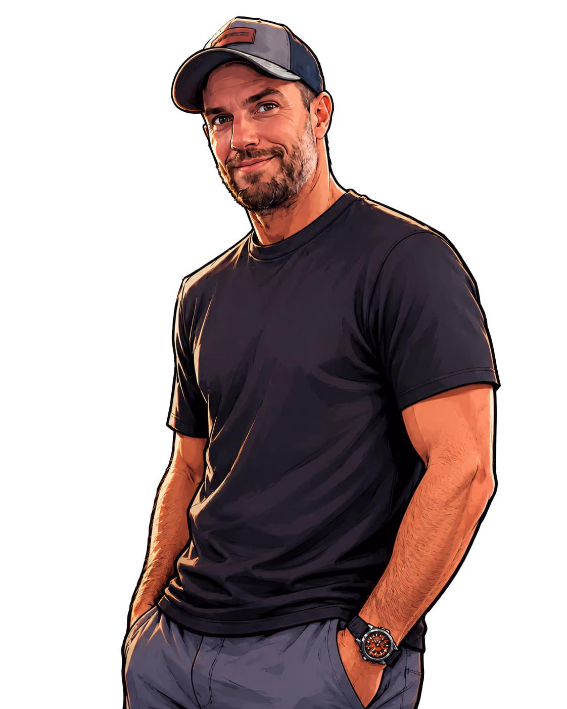 Man with a beard wearing a dark t-shirt, gray cap, and watch, standing with hands in pockets and looking towards the camera with a slight smile.