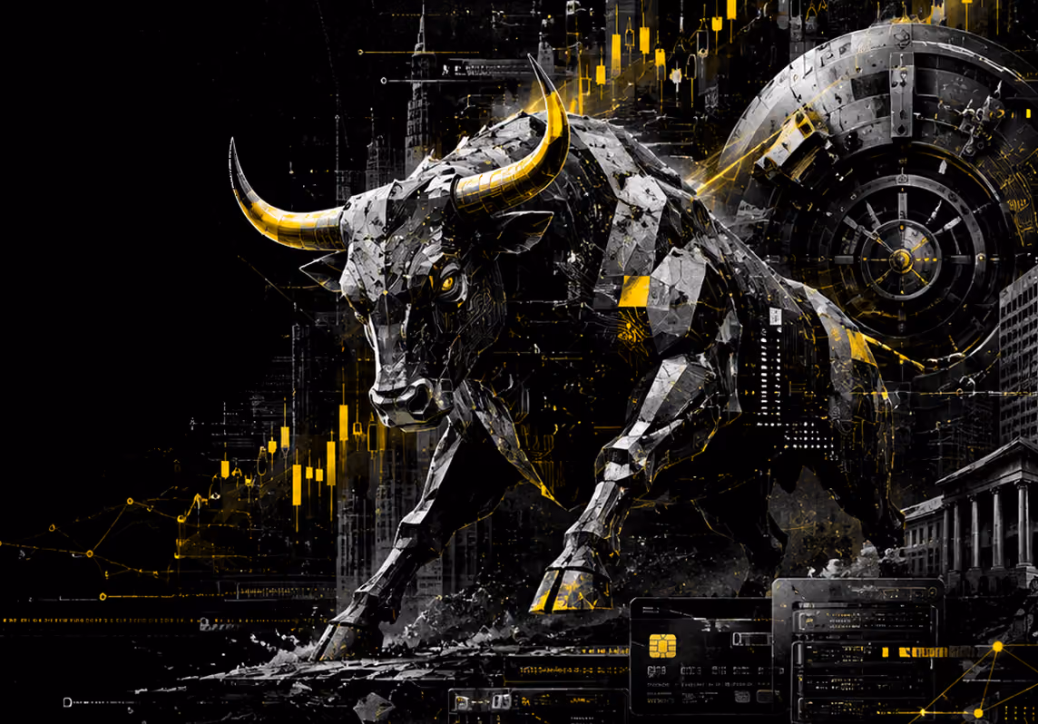 Futuristic digital artwork of a metallic bull with yellow highlights standing aggressively amid abstract financial graphics, a vault door, credit cards, and city buildings, symbolizing finance and stock market strength.