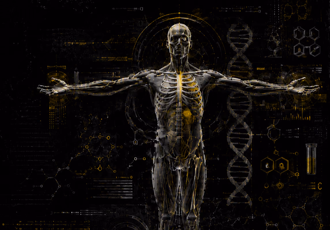 Futuristic digital visualization of a human skeleton and muscular system with arms outstretched, surrounded by scientific graphics including DNA strands, molecular structures, and a test tube against a dark background.