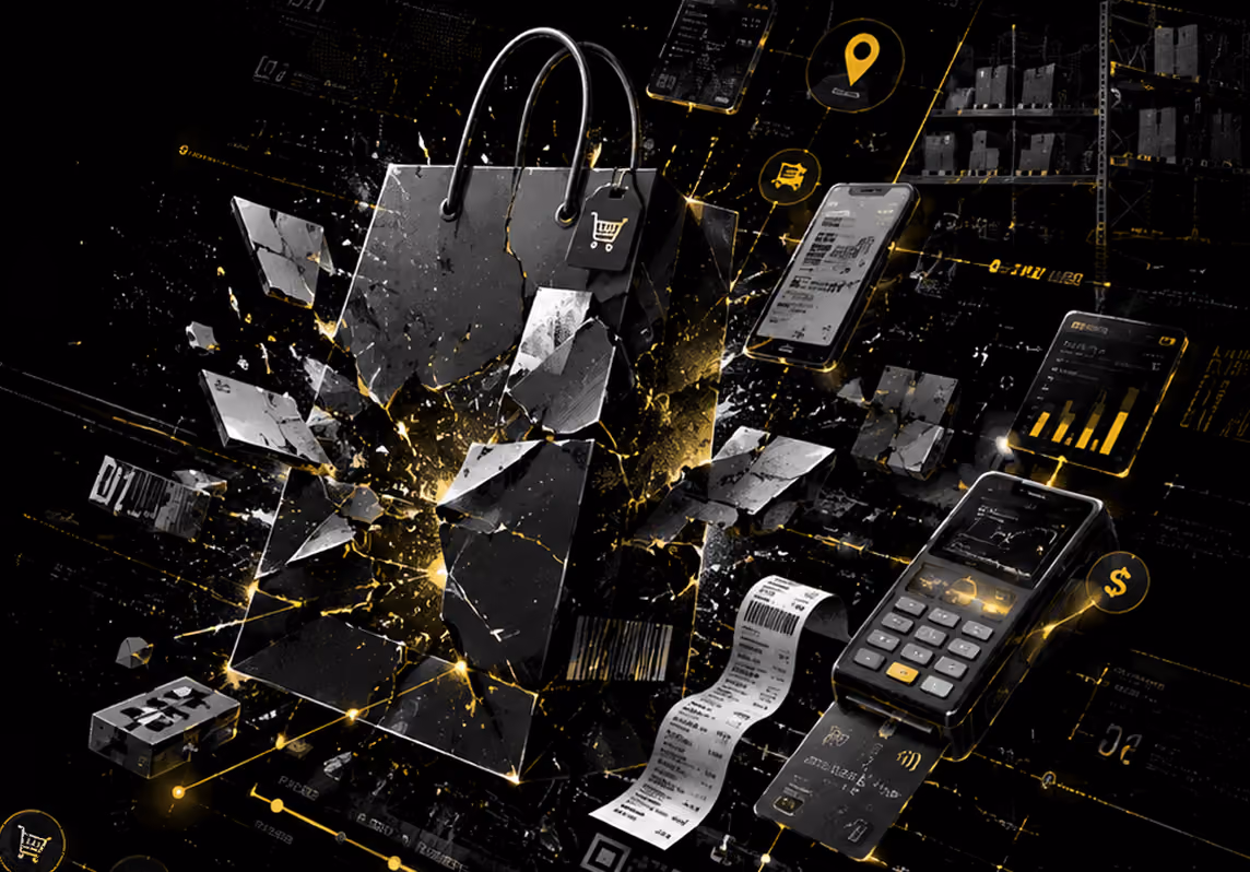 Digital illustration of a shattered black shopping bag with gold cracks, surrounded by floating payment devices, a receipt, and icons representing shopping cart, location, credit card, and dollar sign, symbolizing retail technology and digital payments.