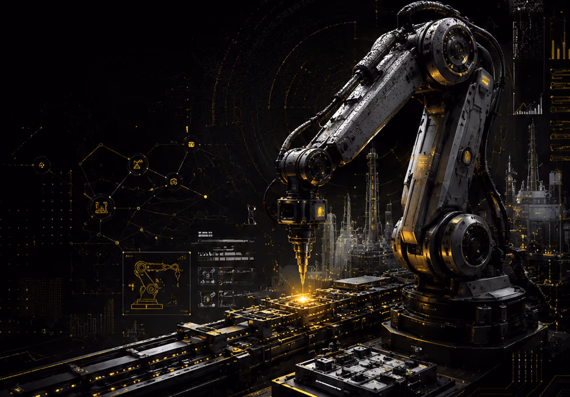 Futuristic robotic arm with mechanical joints precision-drilling a glowing component on a high-tech assembly line, surrounded by digital interface diagrams and an industrial cityscape in dark and gold tones.