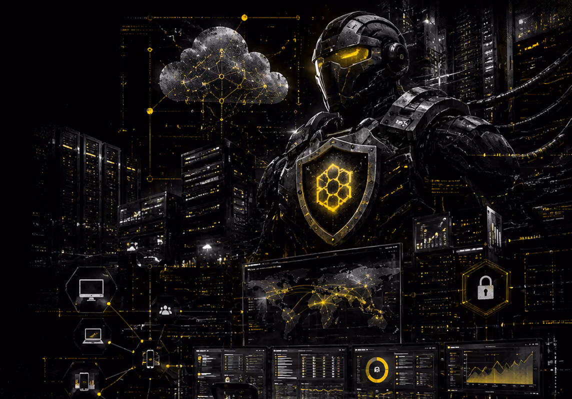 Futuristic armored robot with glowing yellow eyes and shield-shaped chest emblem stands in a dark cityscape filled with data servers and digital interfaces, including a digital cloud, world map with network connections, padlock symbol, and various charts and icons representing cybersecurity and data protection.