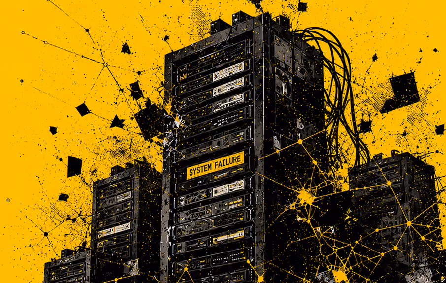 Illustration of black server racks with tangled cables against a yellow background, displaying a central panel labeled 'SYSTEM FAILURE' surrounded by abstract network and data connection patterns.