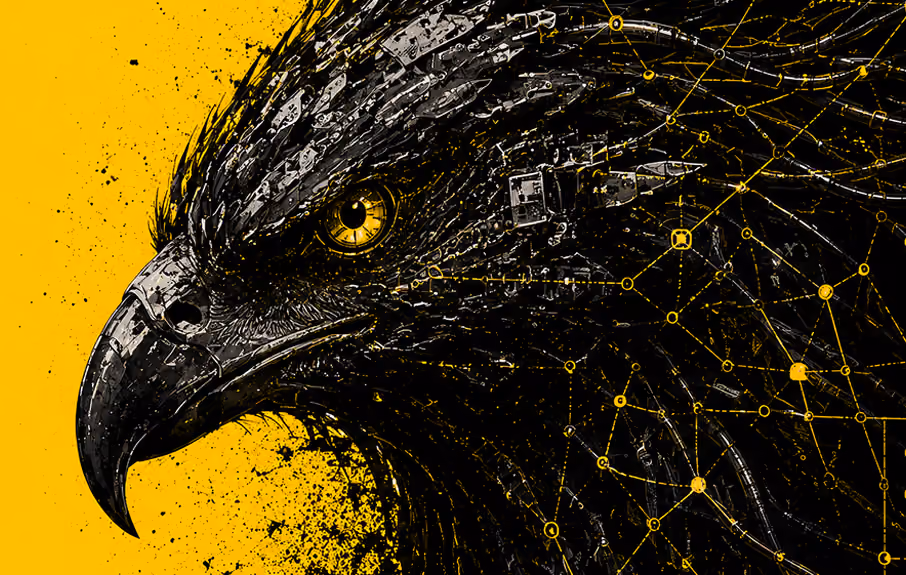 Digital illustration of a black eagle's head with a fierce yellow eye, featuring intricate mechanical and circuit-like patterns integrated into its feathers against a yellow background.
