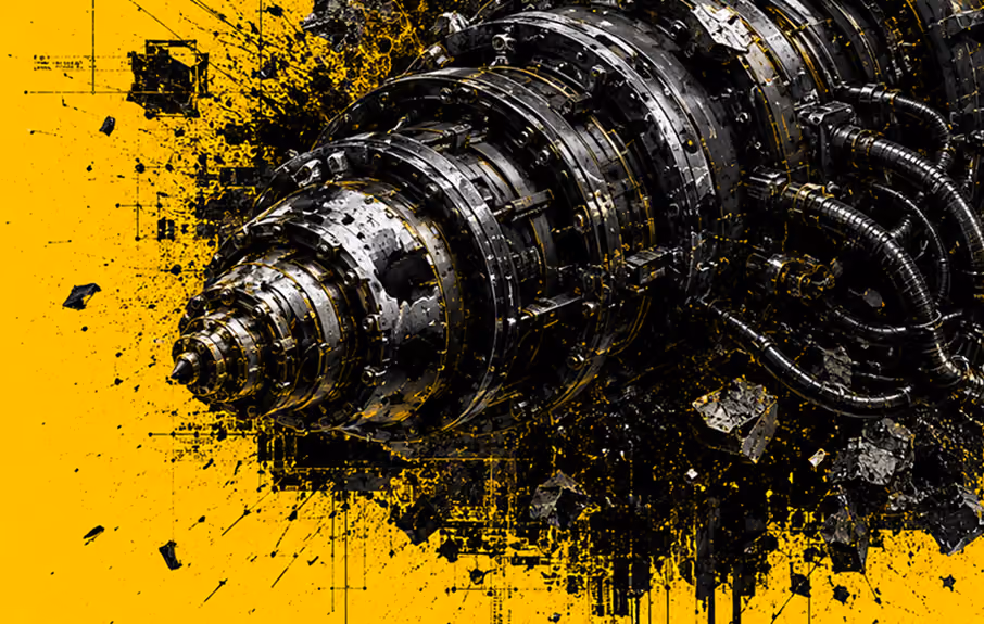 Close-up of a large, complex metallic drill or mechanical device with detailed rings and cables, set against a bright yellow background with black splatter and debris effects.