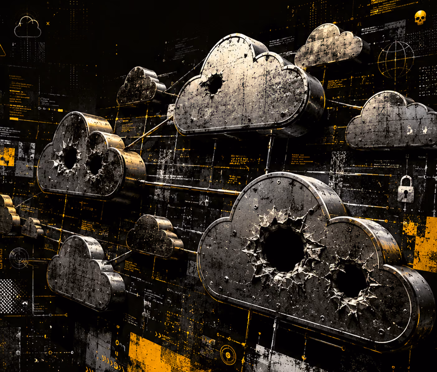 Metallic cloud-shaped structures with bullet holes interconnected by lines against a dark background with yellow and gray technical elements, symbolizing compromised cloud security.