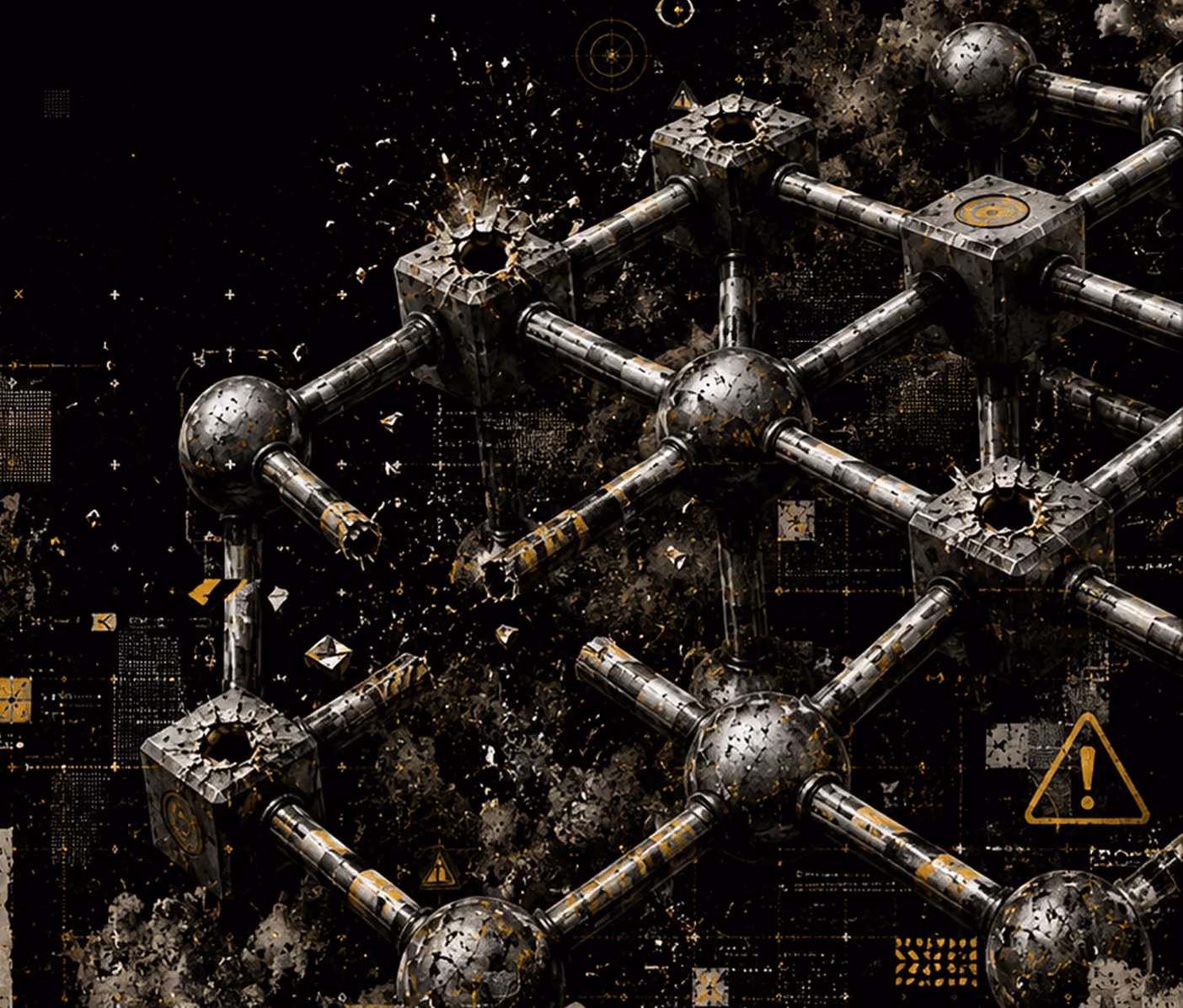 Metallic 3D network structure with interconnected spherical and cubic nodes, some cubes damaged or broken, on a dark background with scattered particles and digital warning symbols.