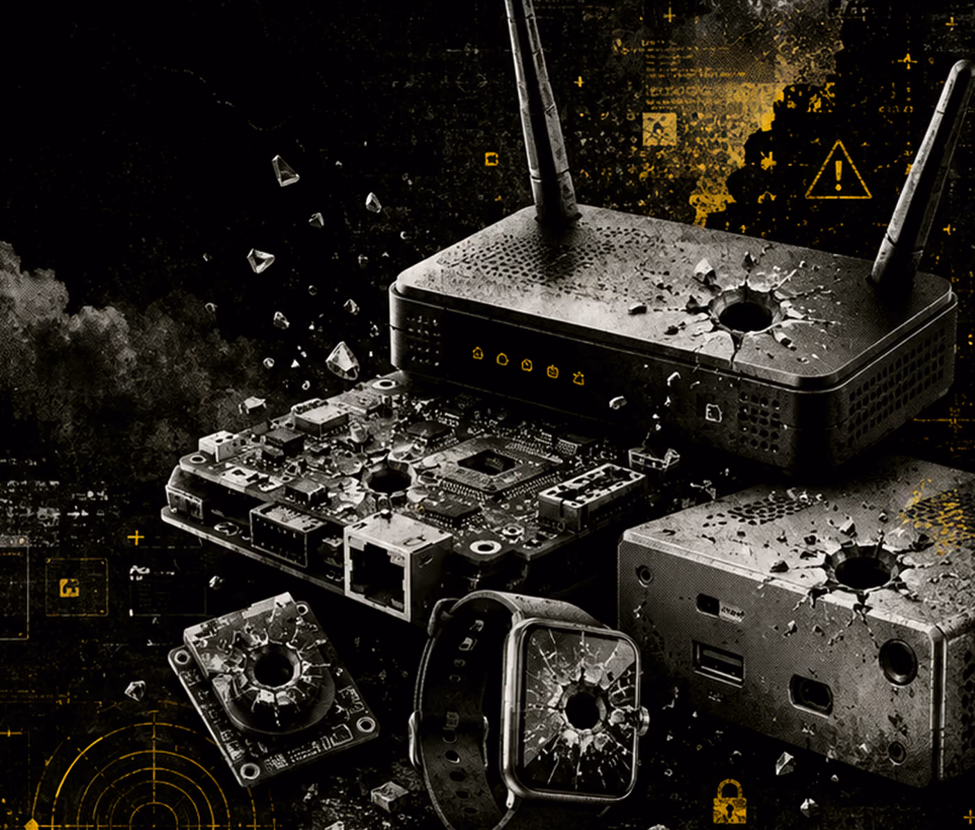 A collection of electronic devices including a wireless router, circuit board, security camera, and smartwatch all appear damaged with shattered glass and bullet holes, set against a dark background with yellow digital and warning symbols.