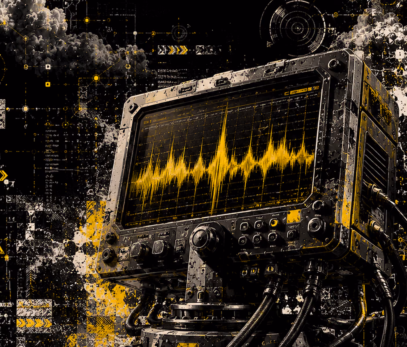 Close-up of a rugged, industrial oscilloscope or signal analyzer with a yellow waveform displayed on its screen, set against a dark, textured background with abstract digital and mechanical elements in black and yellow tones.