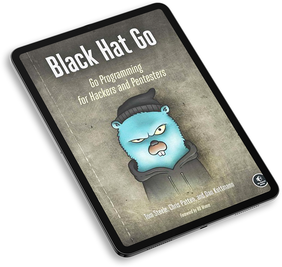 Digital tablet displaying the book cover of Black Hat Go, featuring a blue gopher character wearing a black beanie and hoodie, with the subtitle 'Go Programming for Hackers and Pentesters' and authors Tom Steele, Chris Patten, and Dan Kottmann.