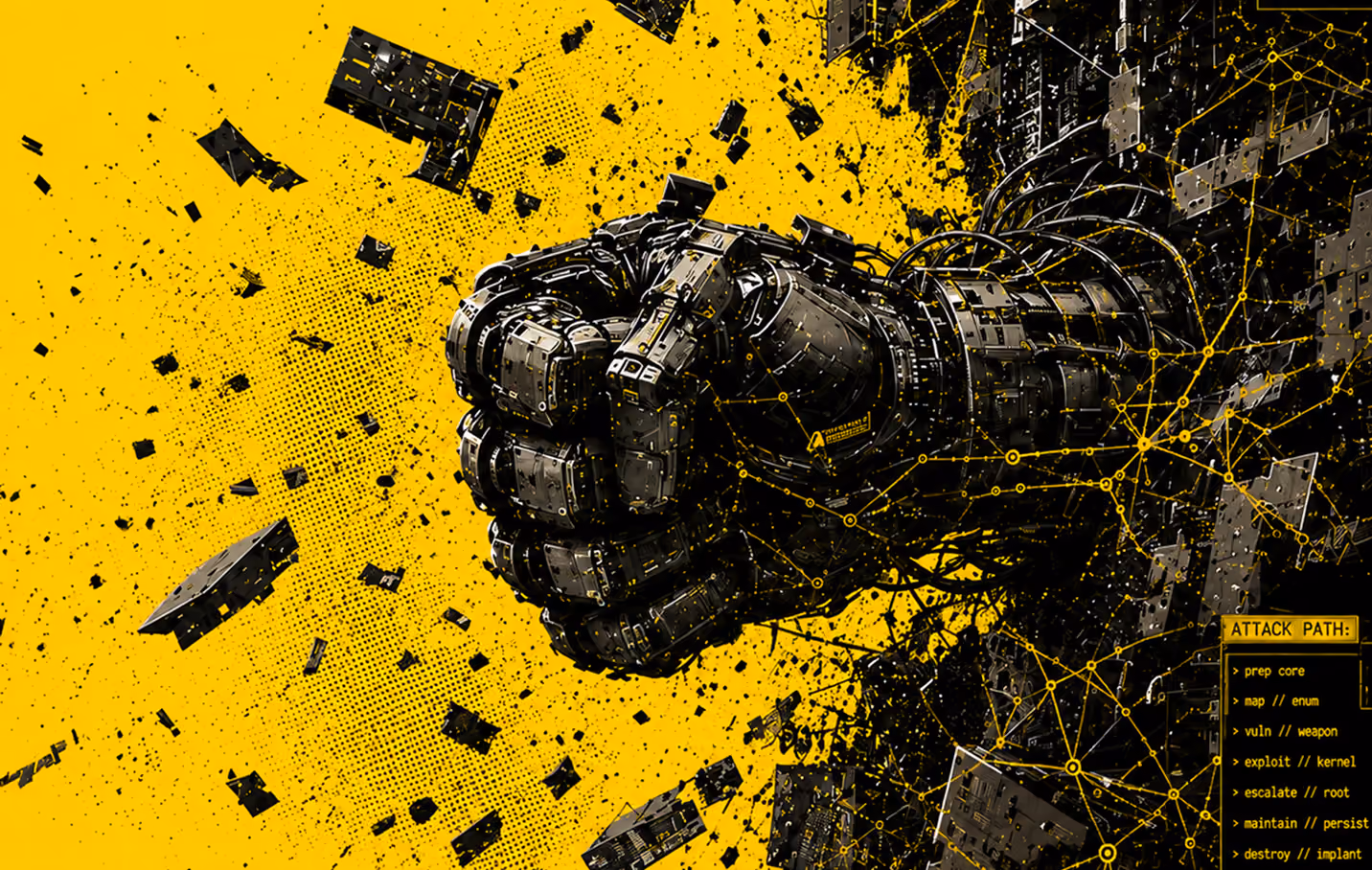Illustration of a black robotic fist punching through a yellow background with digital circuit lines and scattered black fragments, accompanied by a yellow box listing steps in a cyber attack path.