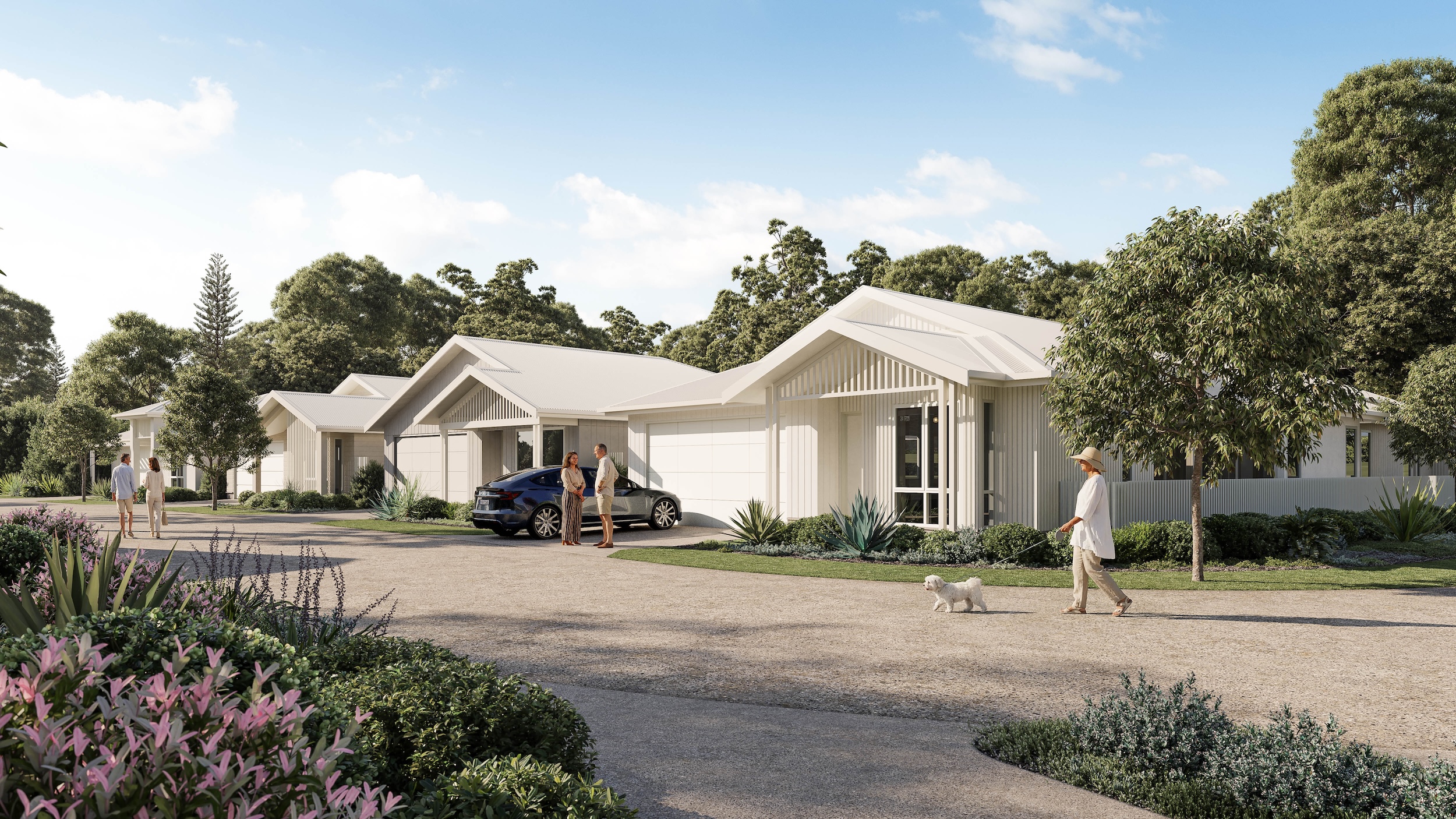 Exterior view of a coastal-style home with timber cladding along a landscaped street