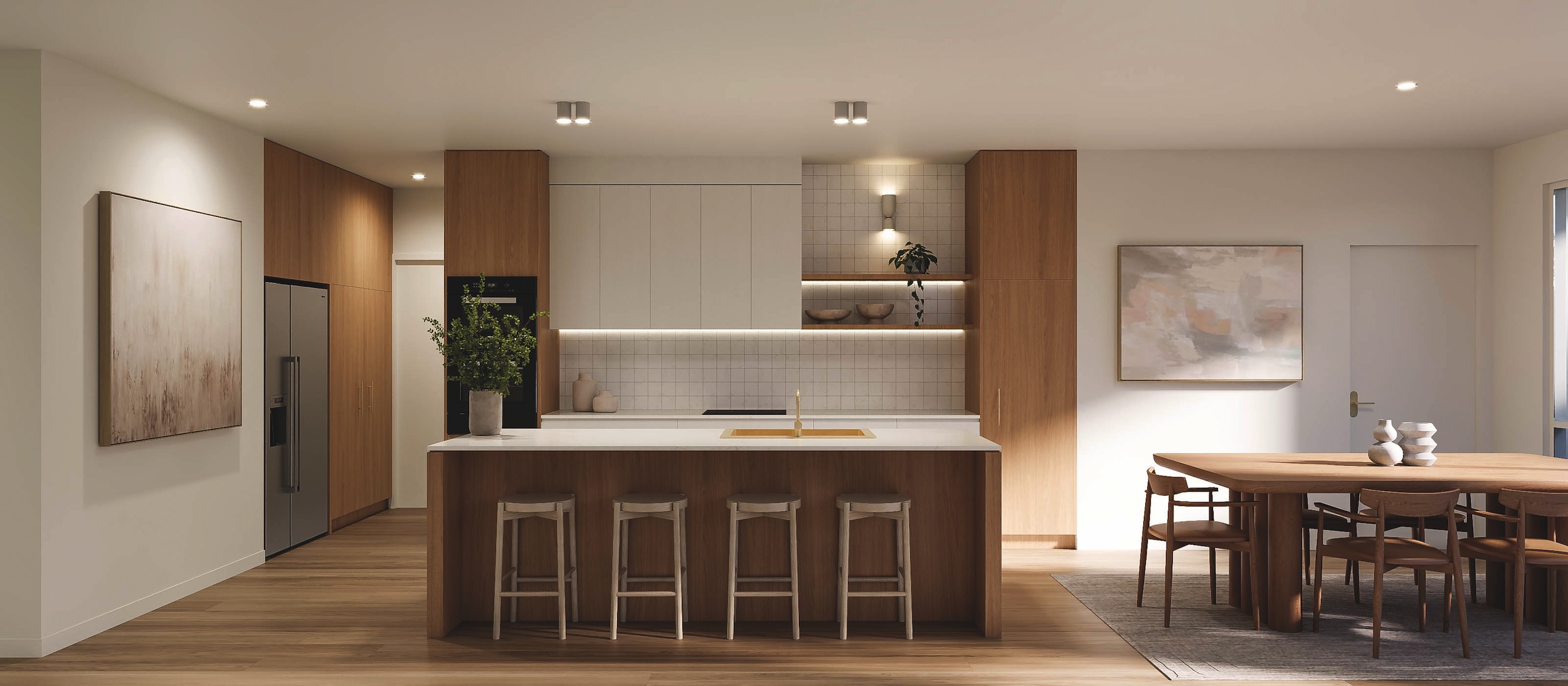 Kitchen and dining area with timber joinery and stone benchtops