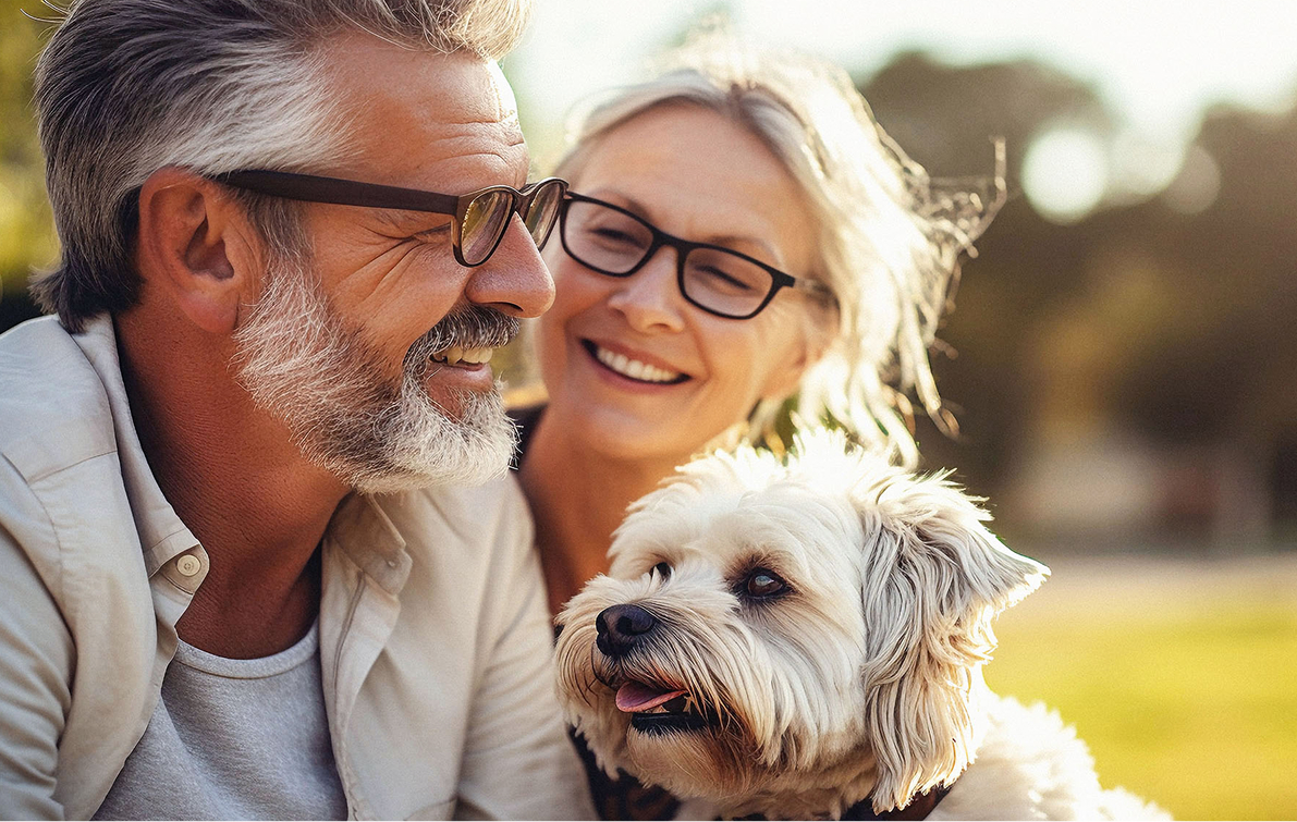 Smiling older couple wearing glasses outdoors with their fluffy small dog on a sunny day.