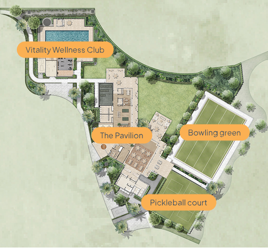 Labeled site map with Vitality Wellness Club, The Pavilion, Bowling green, and Pickleball court in a landscaped area.