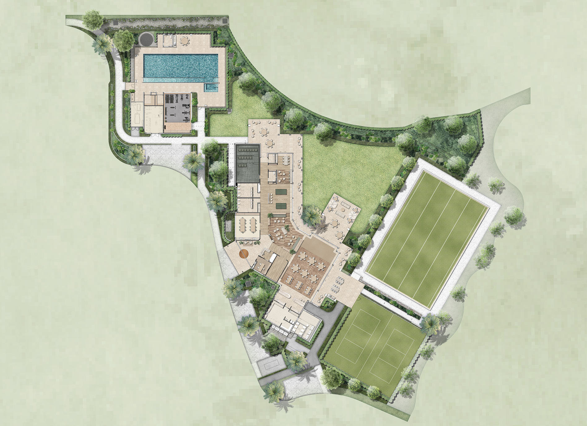 Top view of a wellness complex with pool, gym, dining areas, and sports fields surrounded by greenery.