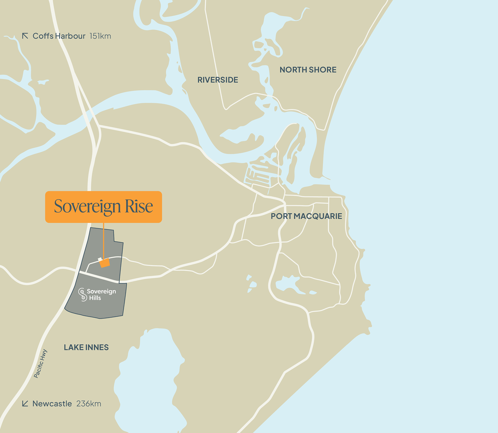 Map showing Sovereign Rise near Sovereign Hills, Port Macquarie, Lake Innes, Riverside, and North Shore.