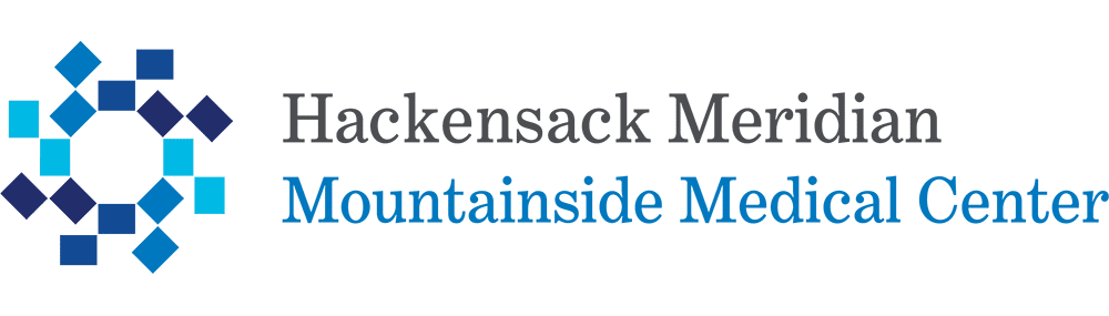 Logo of Hackensack Meridian Mountainside Medical Center with geometric blue and teal shapes.