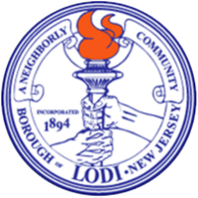 Seal of Lodi, New Jersey, showing two hands holding a torch with a flame.
