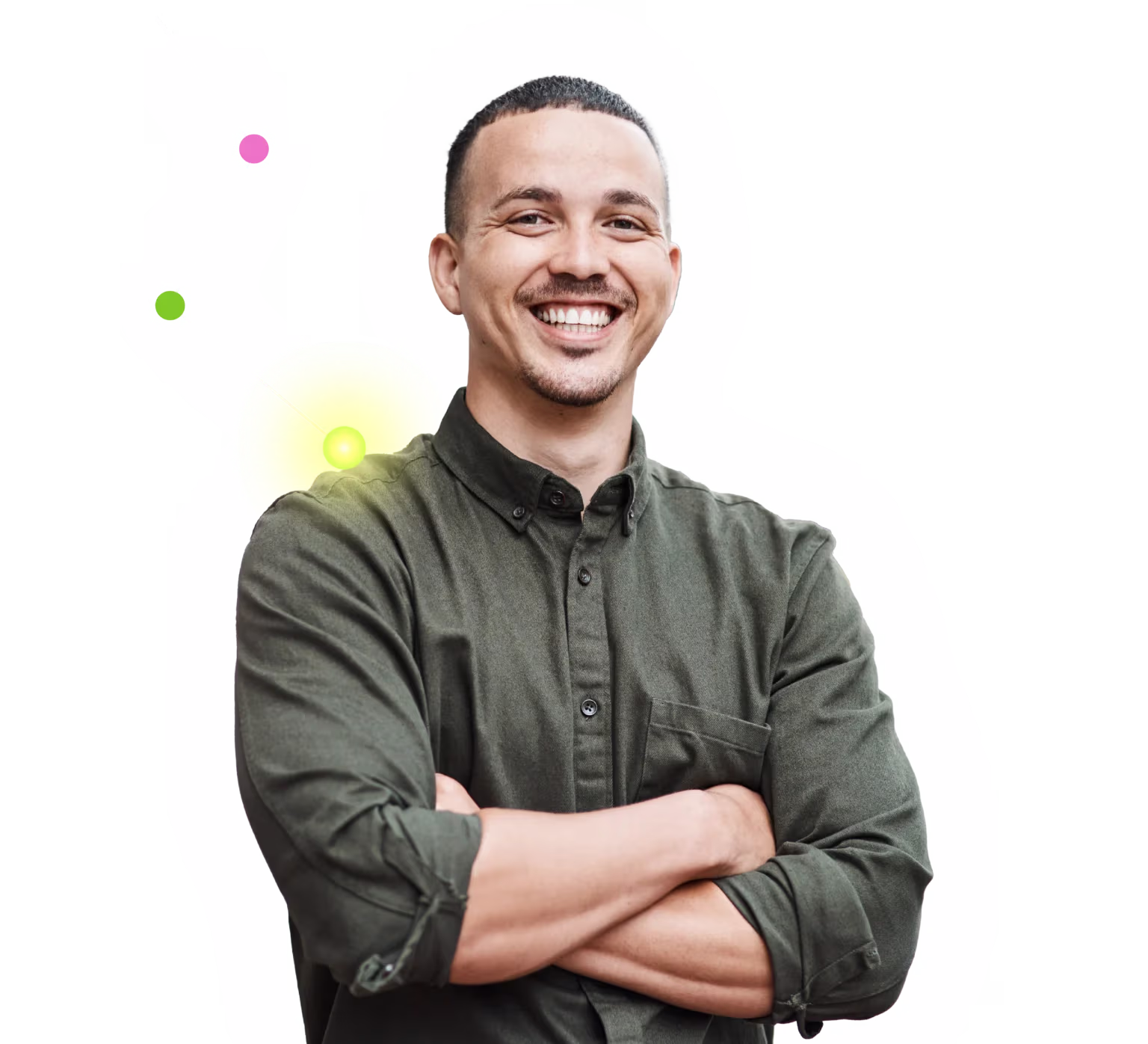 Smiling man with short hair wearing a green button-up shirt with arms crossed.