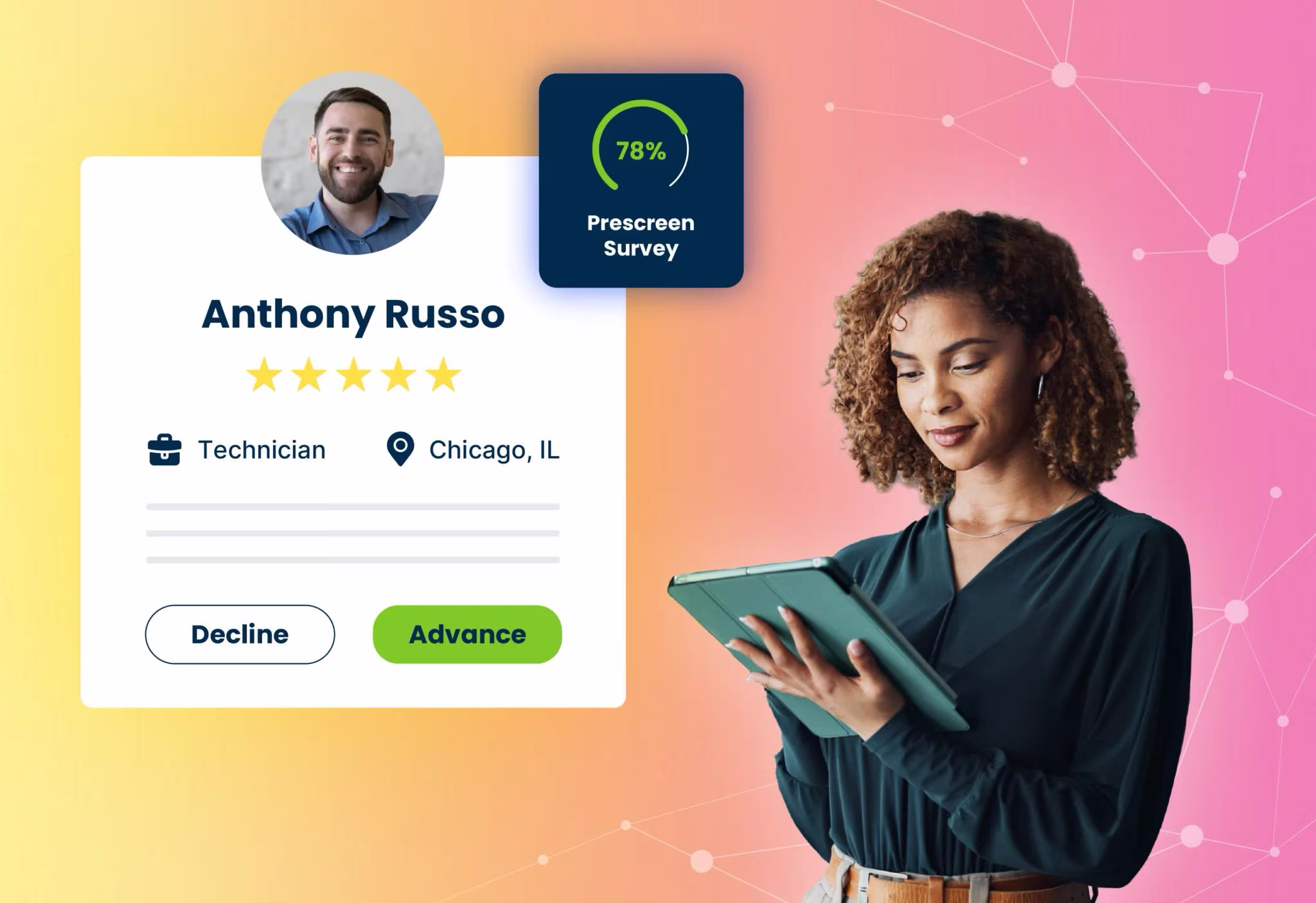 Woman holding a tablet next to a digital profile of Anthony Russo, technician in Chicago with 78% prescreen score.