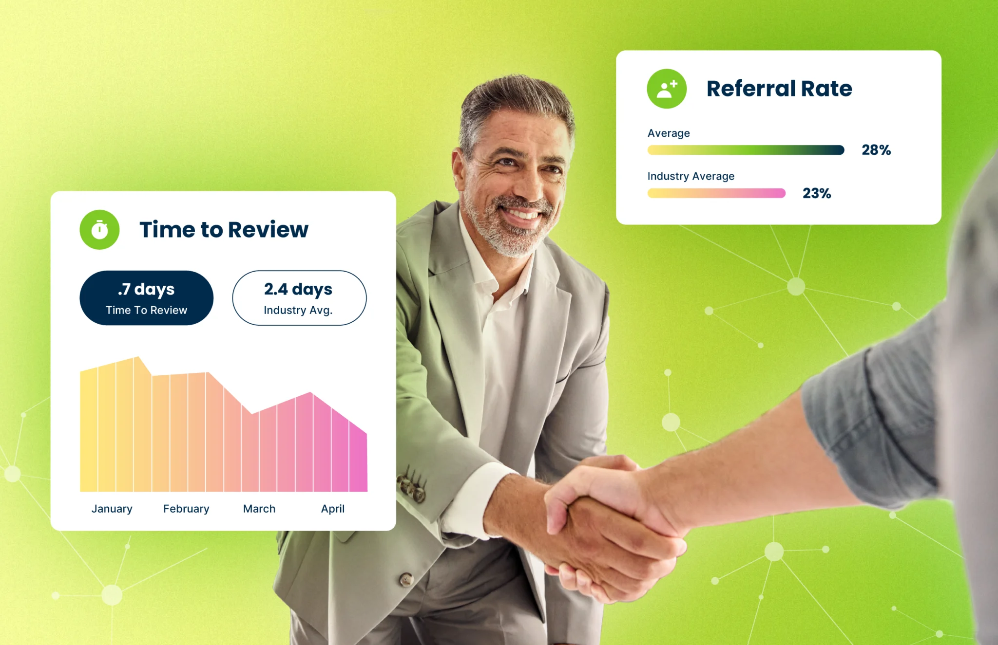 Smiling man in gray suit shaking hands with another person over green background with data overlays.