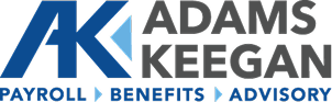 Adams Keegan logo with blue AK and black text for Payroll, Benefits, Advisory.