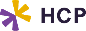HCP company logo with stylized shapes forming a star to the left of the letters HCP.