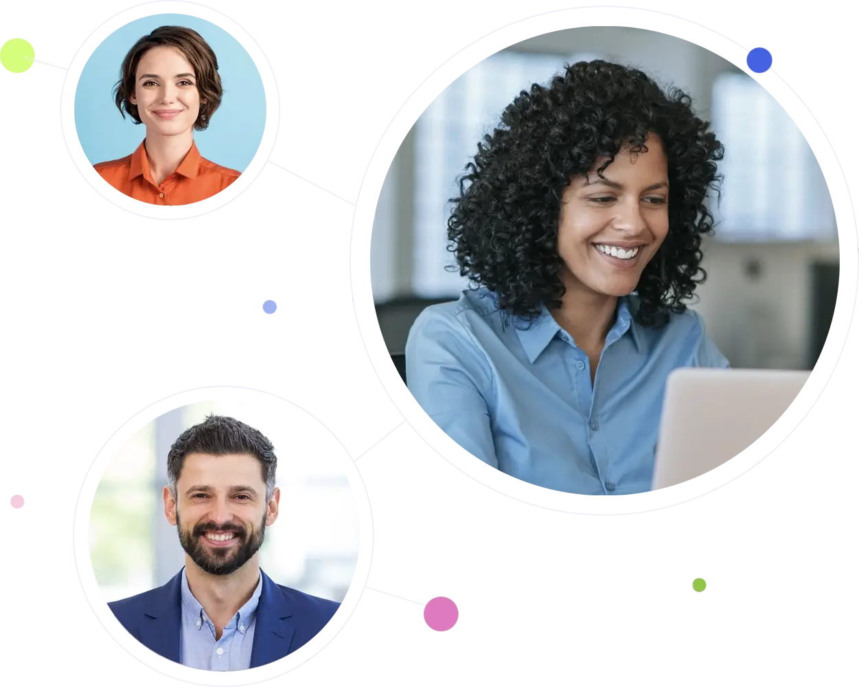 Collage of three people: a smiling woman in a blue shirt on laptop, a man in a suit, and a woman in an orange shirt.