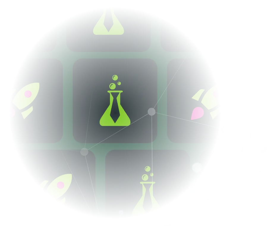 Green rockets and lab flasks with ties on a dark grid background connected by white lines and nodes.